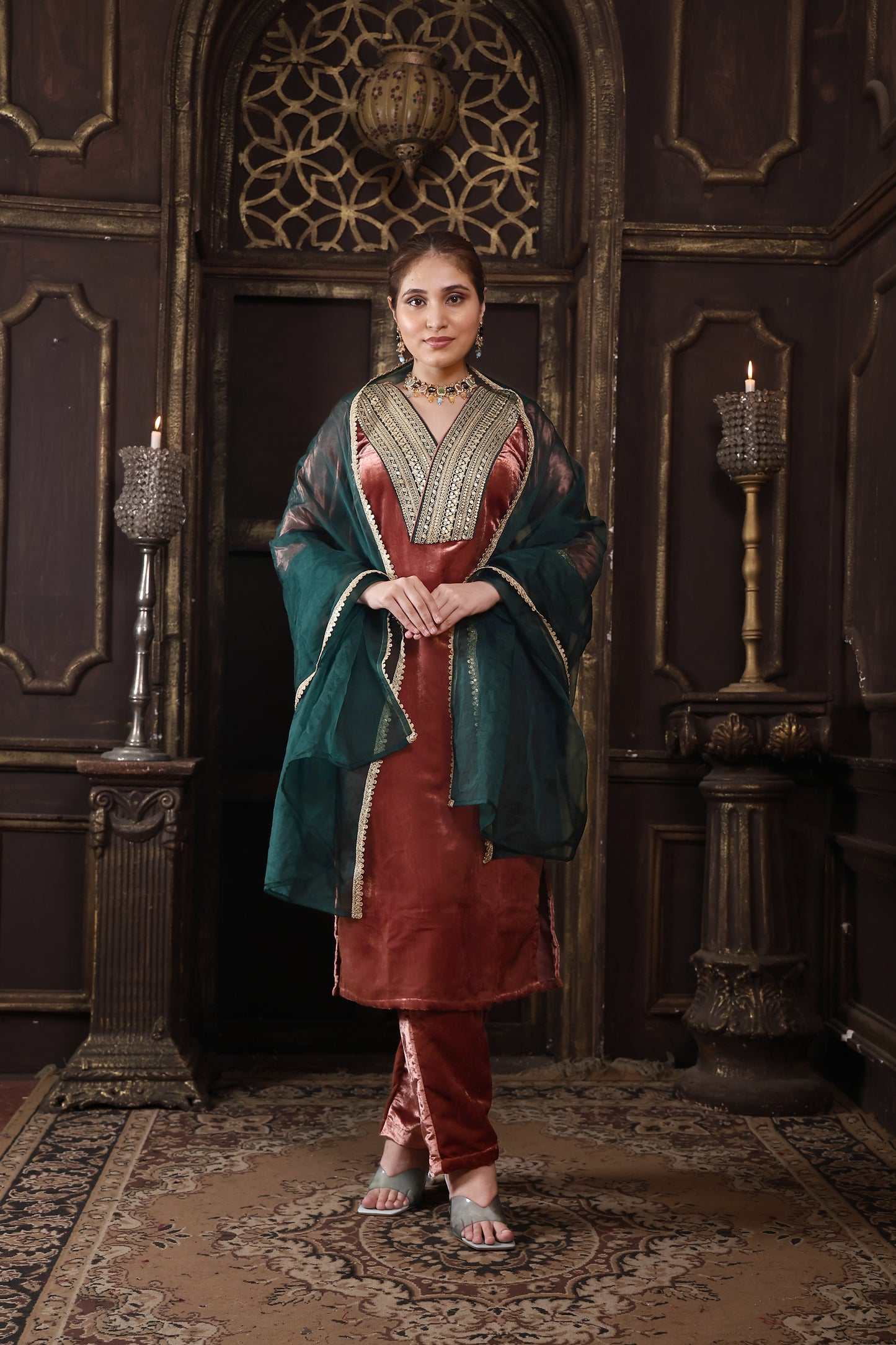 Rose Pink & Bottle Green Designer Velvet Suit #1708