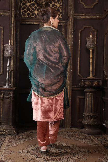 Rose Pink & Bottle Green Designer Velvet Suit #1708