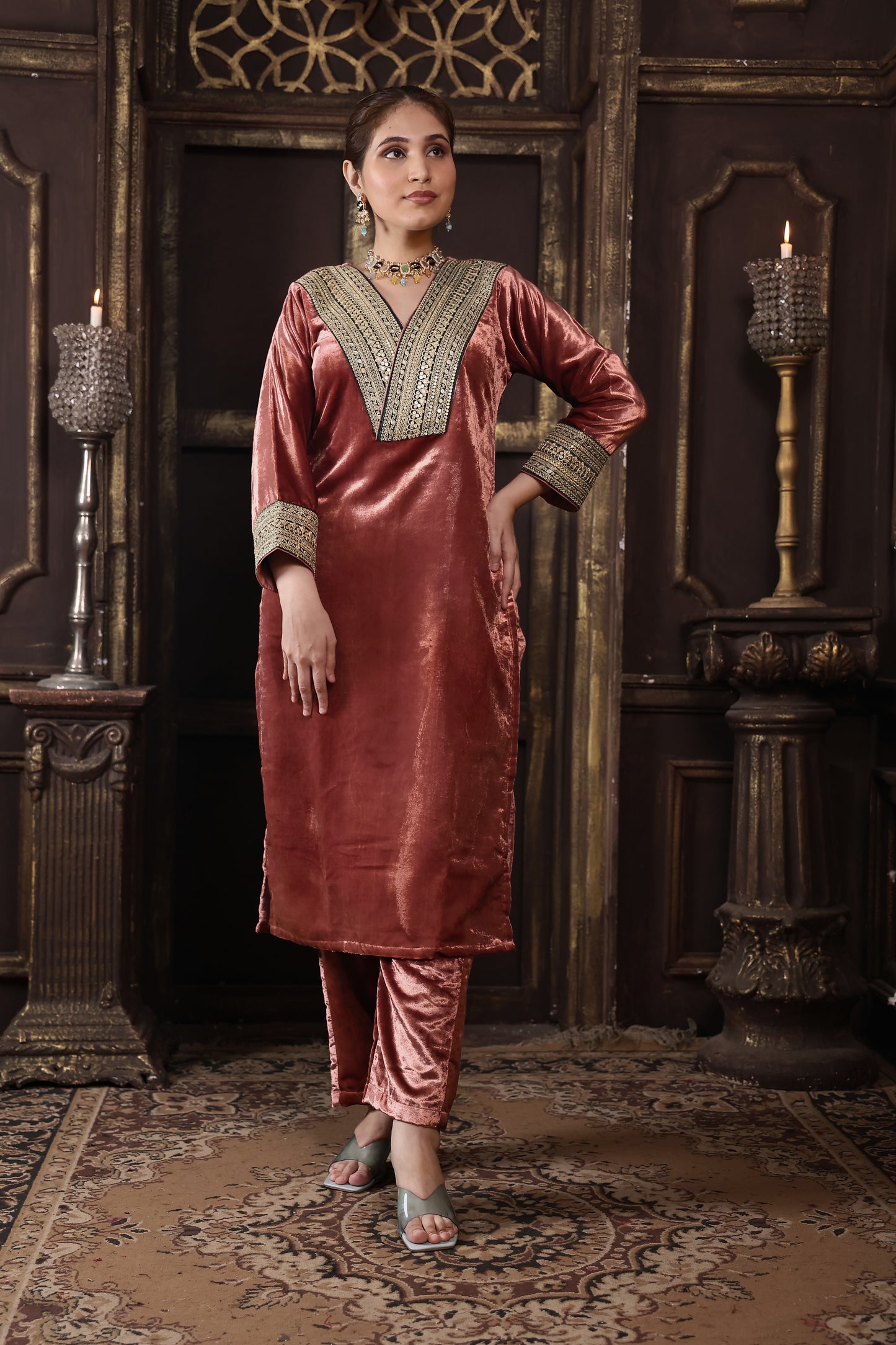 Rose Pink & Bottle Green Designer Velvet Suit #1708