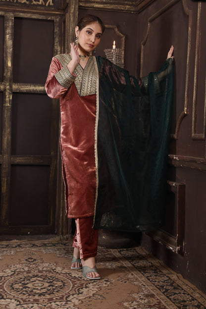 Rose Pink & Bottle Green Designer Velvet Suit #1708