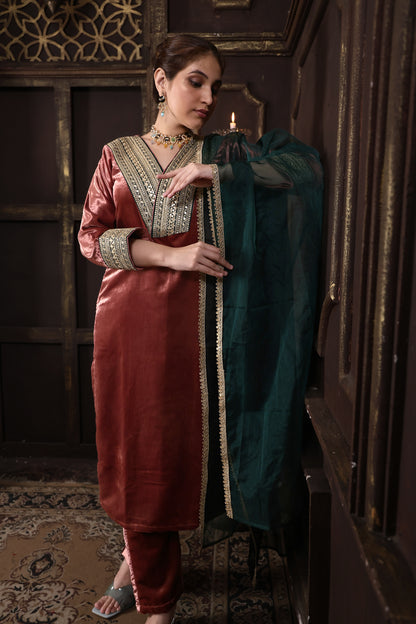 Rose Pink & Bottle Green Designer Velvet Suit #1708