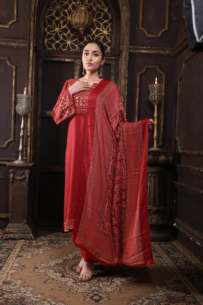 Rust/Red Pure Viscous Pashmina Suit #1723
