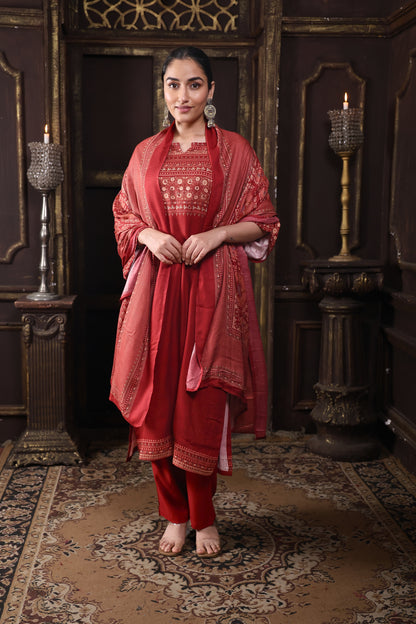 Rust/Red Pure Viscous Pashmina Suit #1723