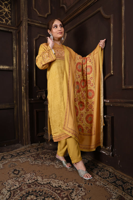 Yellow Mustard Pure Viscous Pashmina Suit #1724