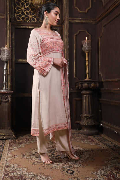 Beige Pure Viscous Pashmina Suit #1722