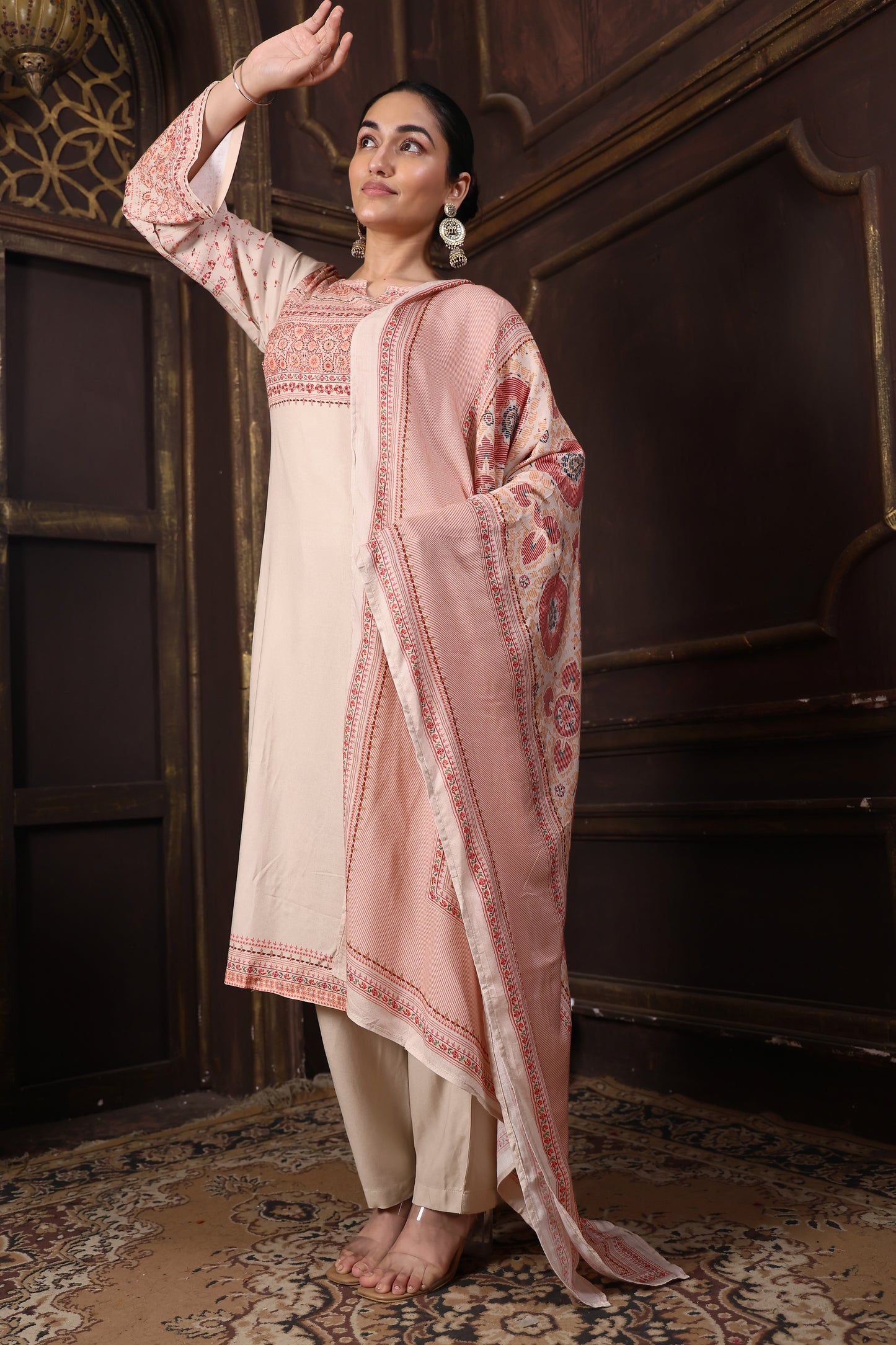 Beige Pure Viscous Pashmina Suit #1722