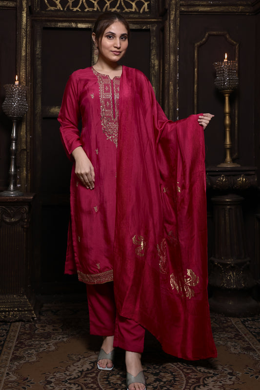 Pink Elegant Russian Silk Suit Set with Delicate Zari & Pearl Work #1567
