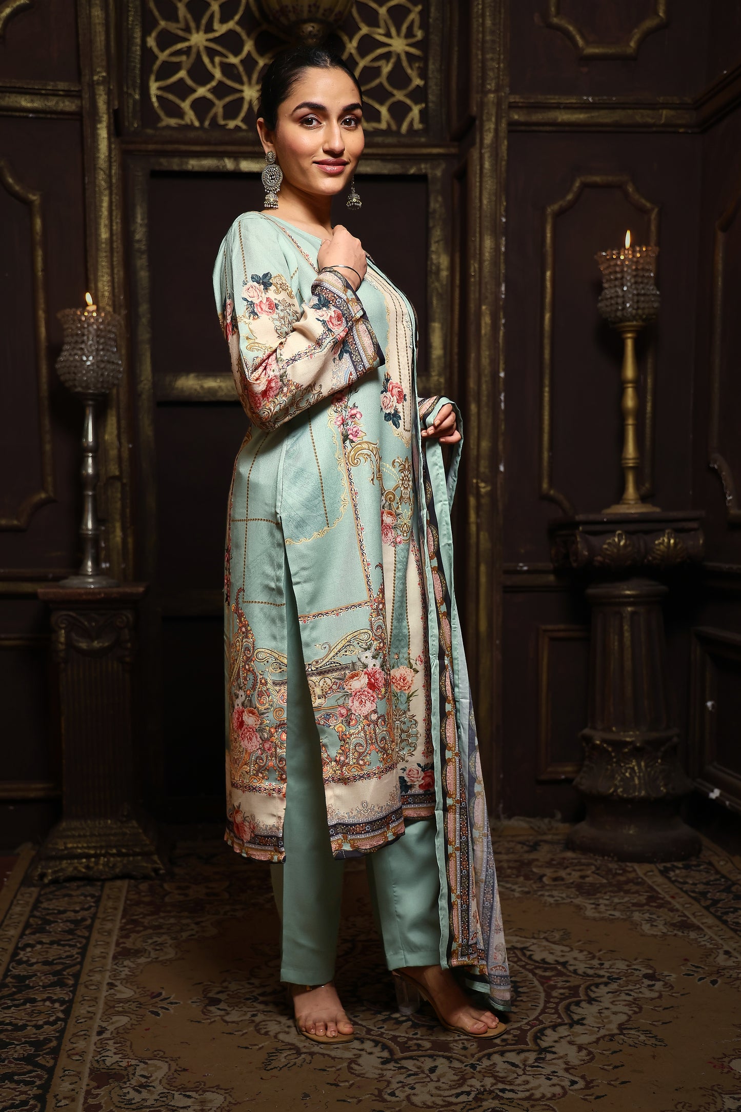 Sea Green Viscose Pashmina Suit Set #1702