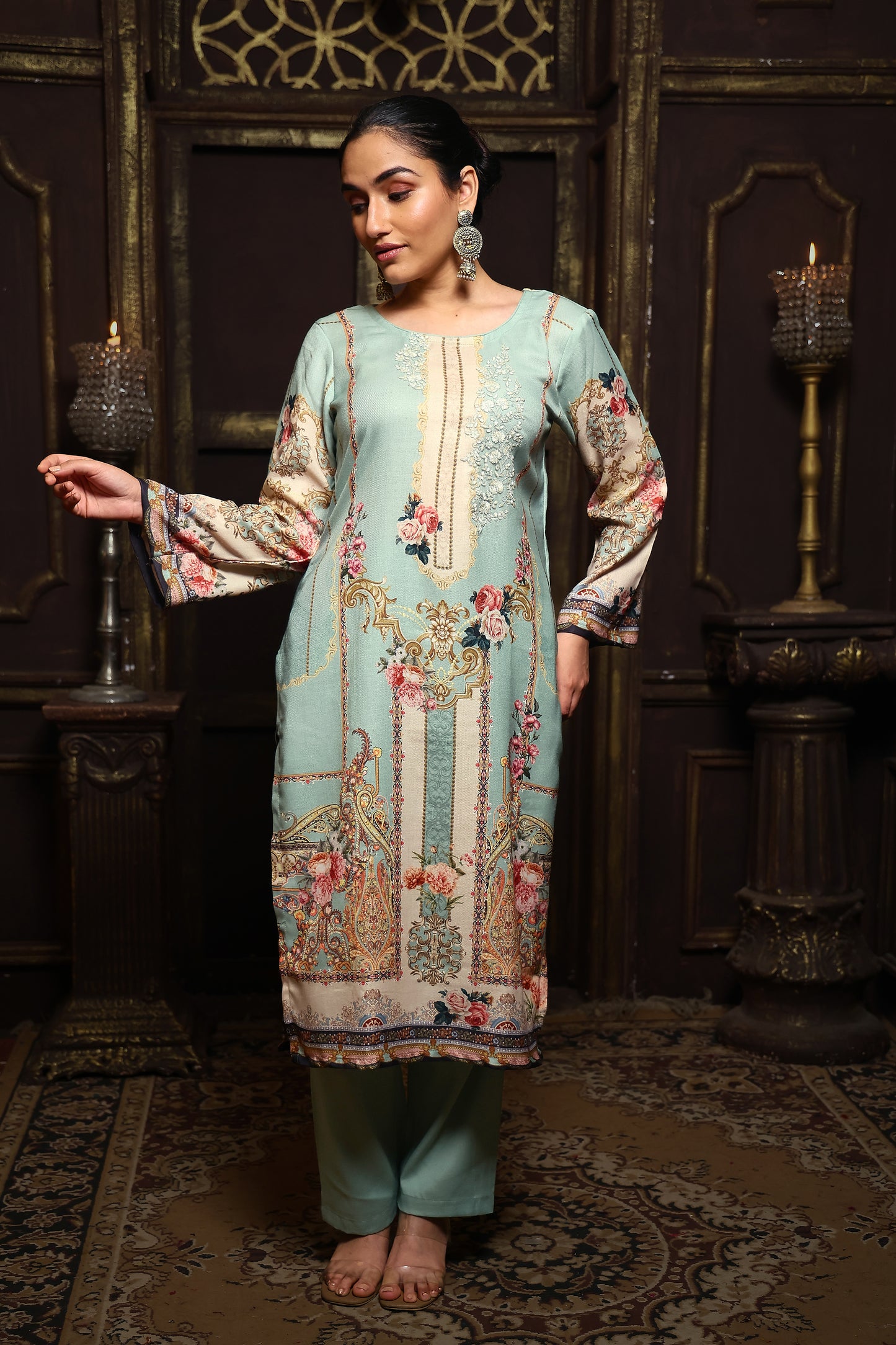 Sea Green Viscose Pashmina Suit Set #1702