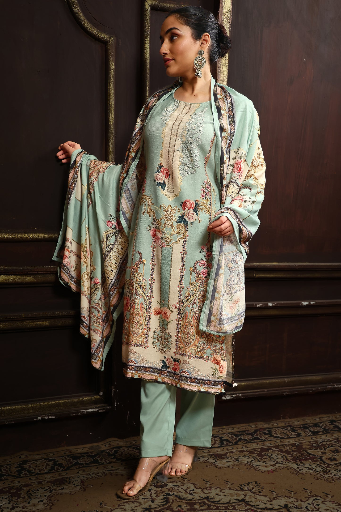 Sea Green Viscose Pashmina Suit Set #1702