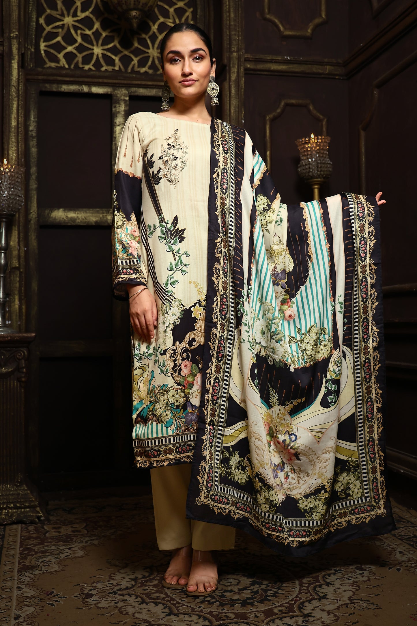 Cream Viscose Pashmina Suit Set #1701