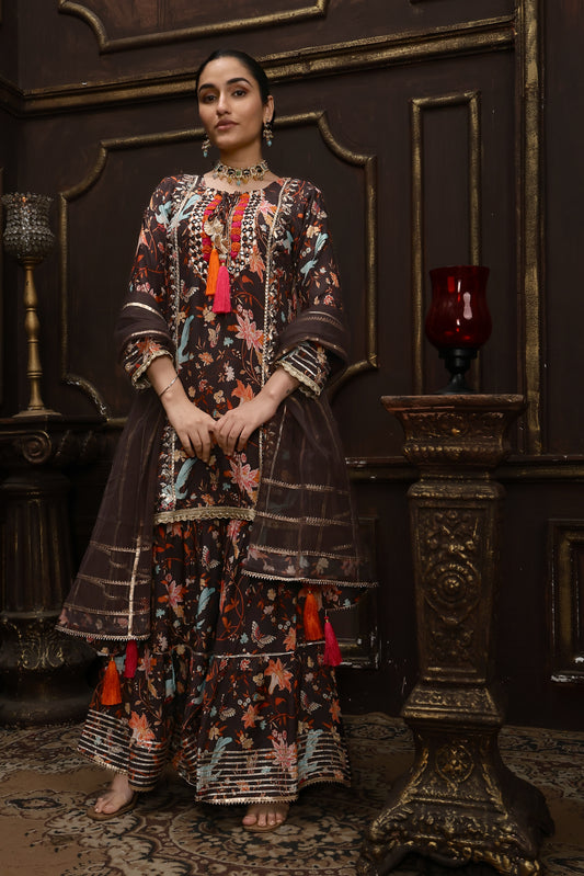 Dark Brown Pure Muslin Sharara Set #1219