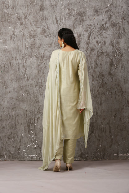 Pista Green Chanderi Embroidered Suit Set #1652