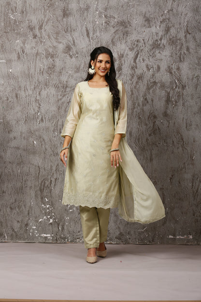 Pista Green Chanderi Embroidered Suit Set #1652