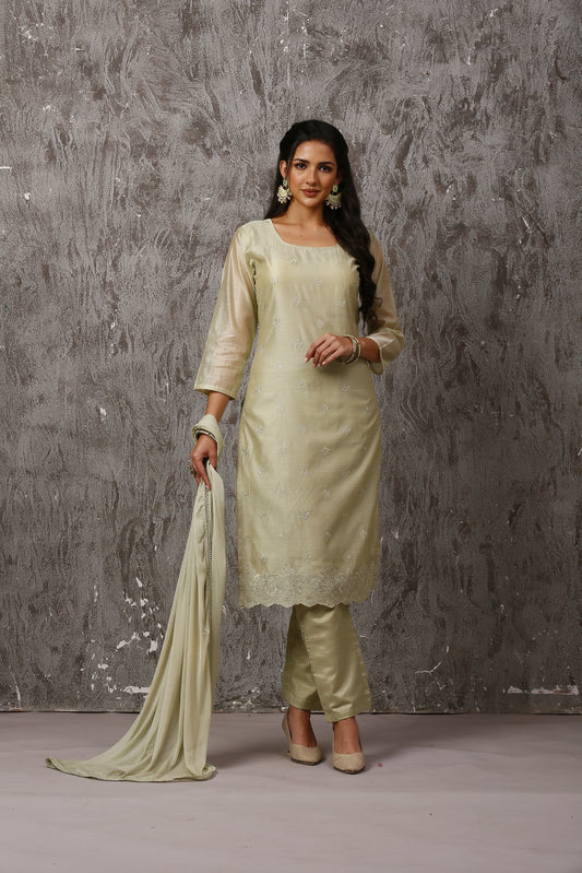 Pista Green Chanderi Embroidered Suit Set #1652