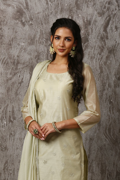 Pista Green Chanderi Embroidered Suit Set #1652