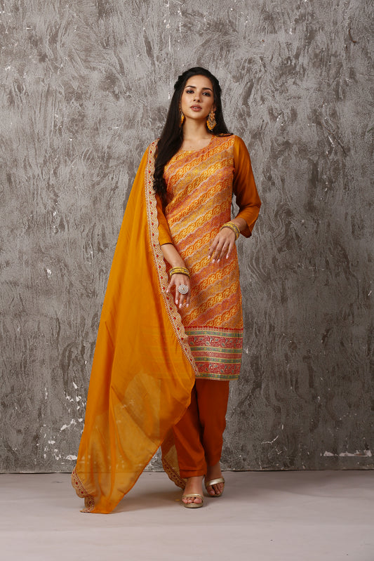 Mustard Jacquard Bandhani Silk Suit Set with Organza Dupatta #1650