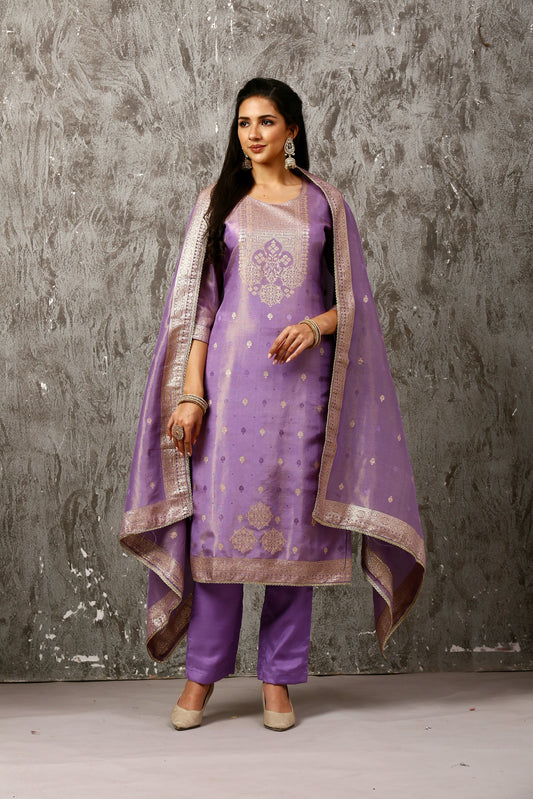 Purple Banarasi Suit Set with Zari Thread Work and Full Dupatta 1601