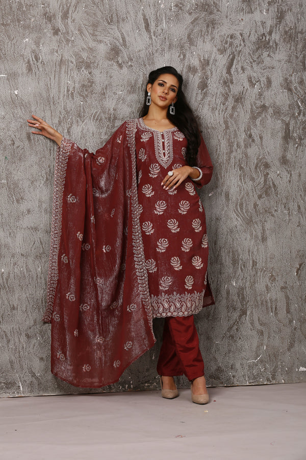 Wine Tissue Shimmer Suit with Embroidered Dupatta