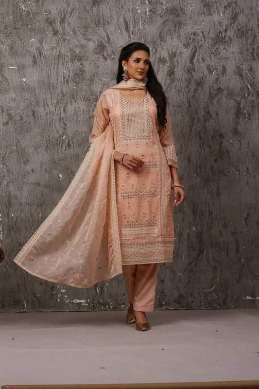 Peach Subtle Pakistani Style Organza Suit Set #1610