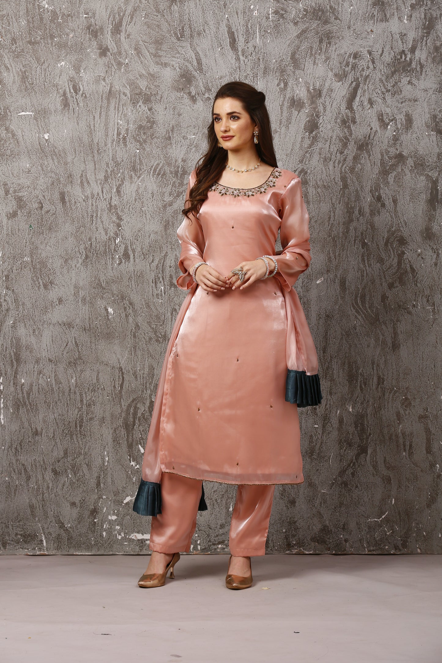 Peach Jimmy Choo Designer Suit Set with Zardozie  Handwork #1646