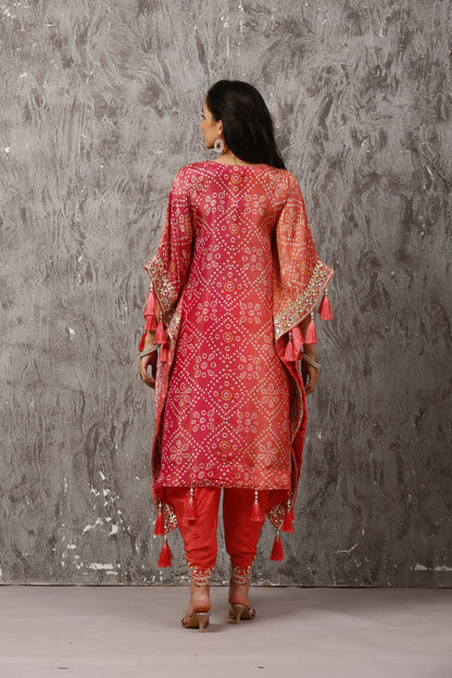 Pure Tissue Peach & Pink Bandhni Printed Gotta Kaftan Set #1656