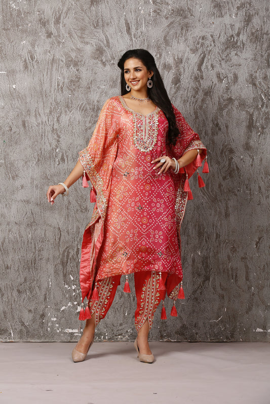 Pure Tissue Peach & Pink Bandhni Printed Gotta Kaftan Set #1656