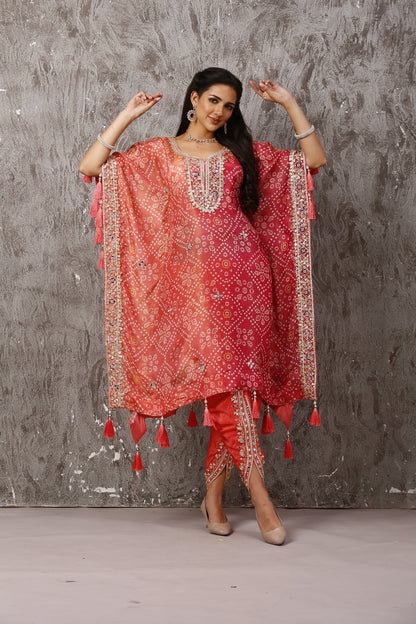 Pure Tissue Peach & Pink Bandhni Printed Gotta Kaftan Set #1656