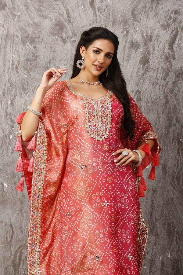 Peach & Pink Bandhni Printed Gotta Kaftan Set