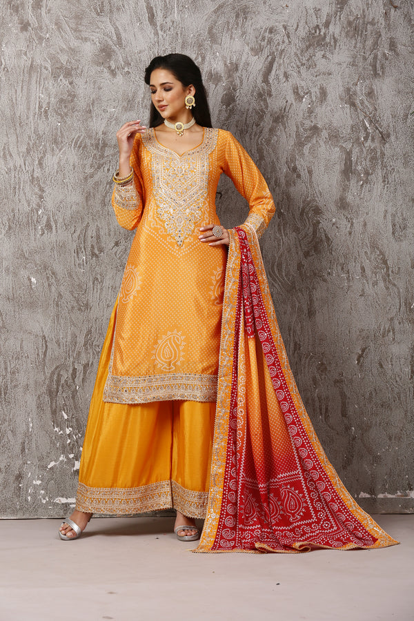 Yellow Heavy Party Wear Bandhani Suit Set