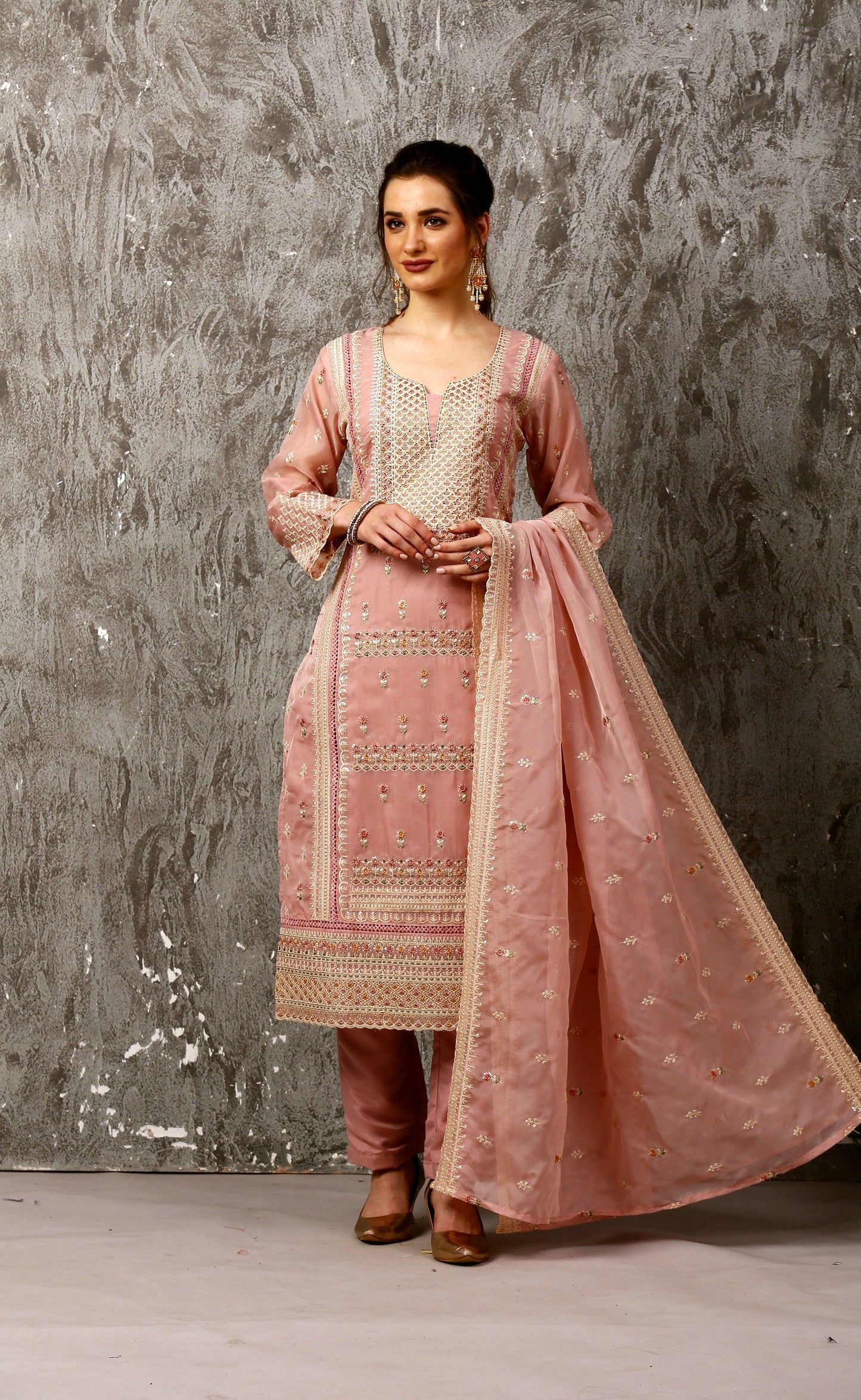 Pink Subtle Pakistani Style Organza Suit Set #1611