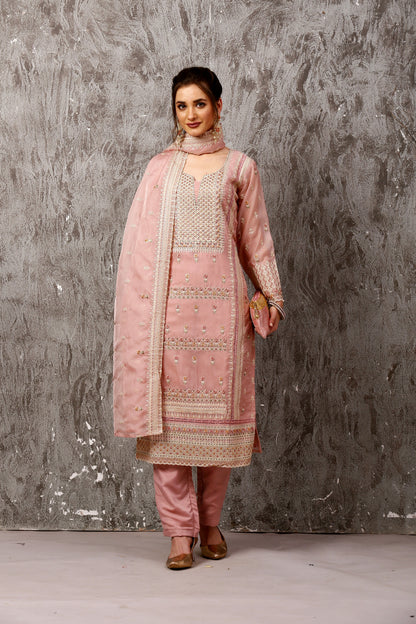 Pink Subtle Pakistani Style Organza Suit Set #1611