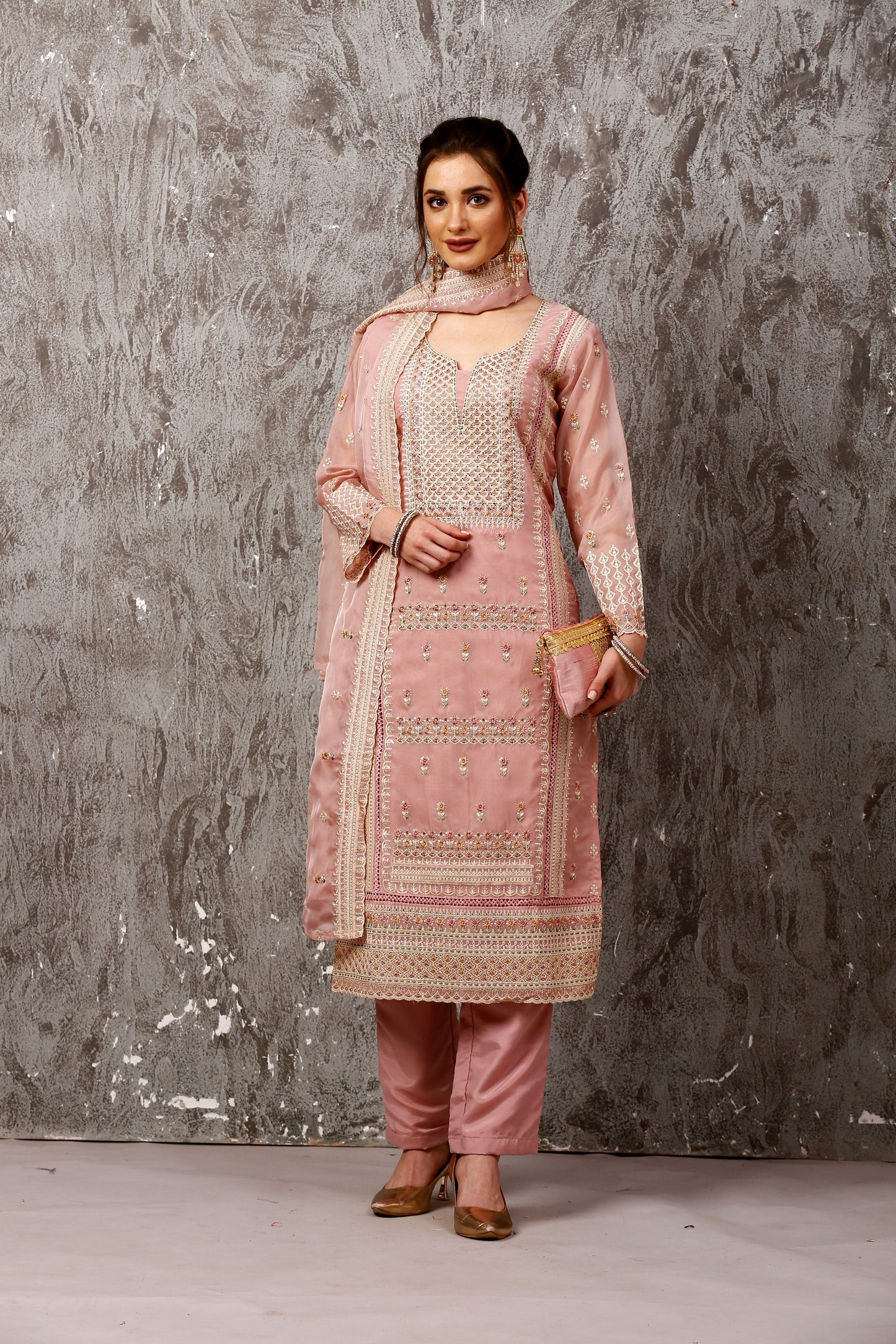 Pink Subtle Pakistani Style Organza Suit Set #1611