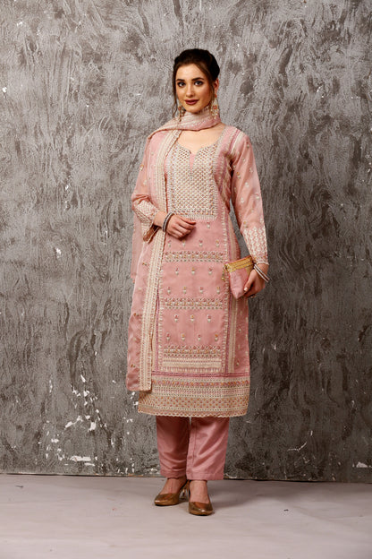 Pink Subtle Pakistani Style Organza Suit Set #1611