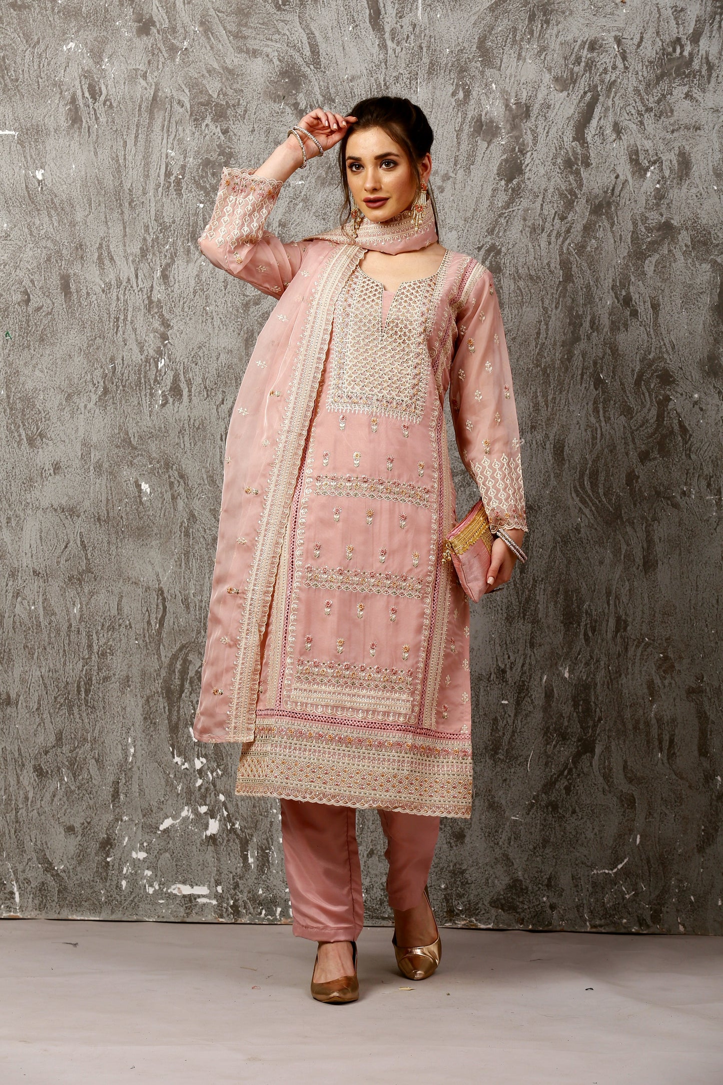 Pink Subtle Pakistani Style Organza Suit Set #1611