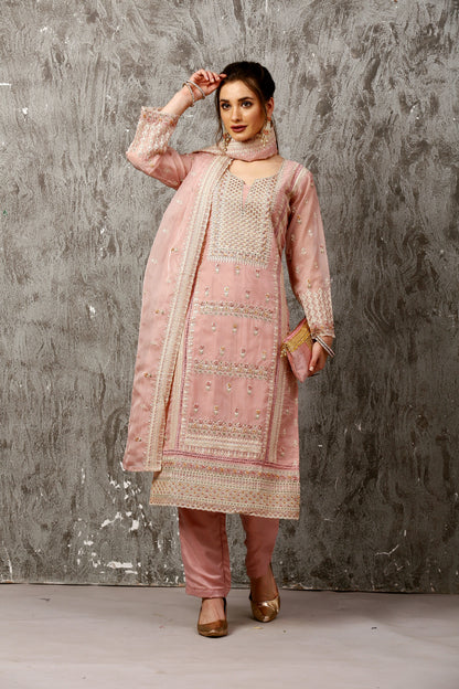 Pink Subtle Pakistani Style Organza Suit Set #1611
