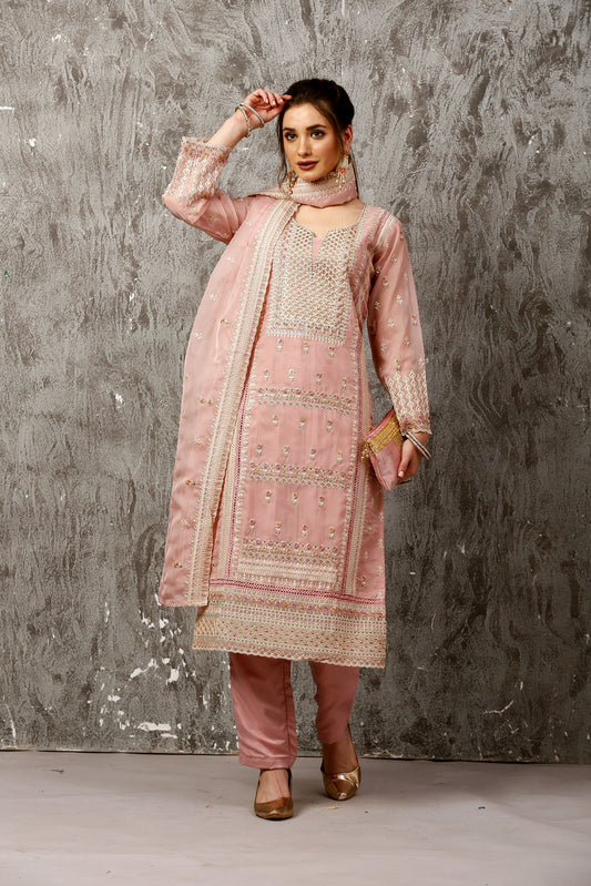 Pink Subtle Pakistani Style Organza Suit Set #1611