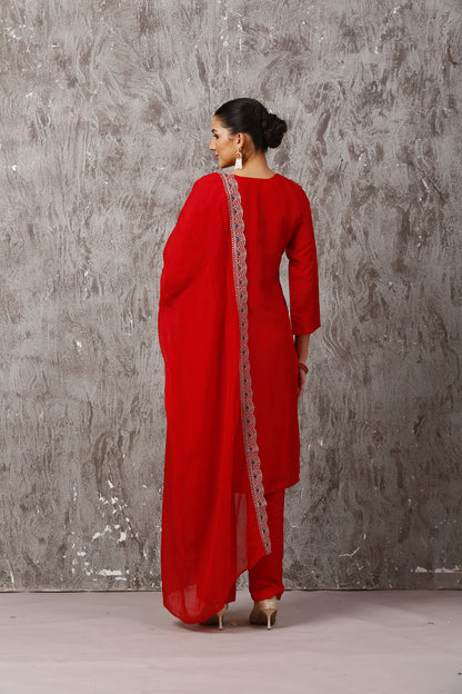 Red Elegant Jacquard Bandhani Silk Suit Set with Organza Dupatta #1651