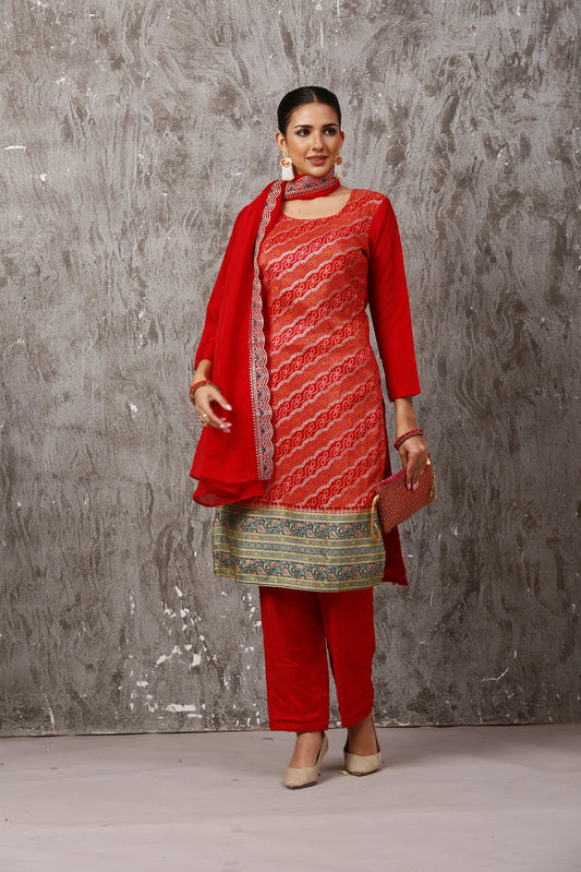 Red Elegant Jacquard Bandhani Silk Suit Set with Organza Dupatta #1651
