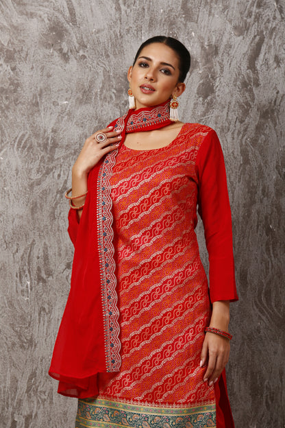 Red Elegant Jacquard Bandhani Silk Suit Set with Organza Dupatta #1651