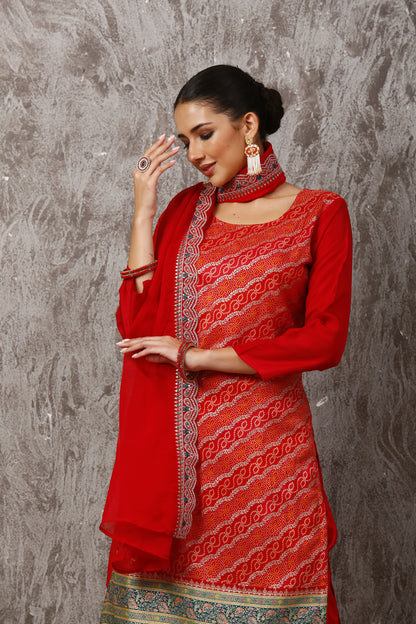Red Elegant Jacquard Bandhani Silk Suit Set with Organza Dupatta #1651