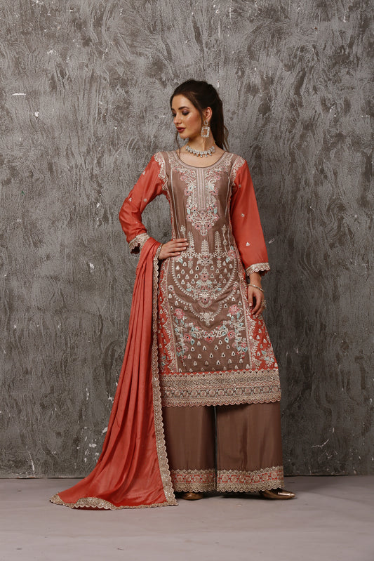 Brown and Rust Heavy Pakistani Designer Suit Set #1582