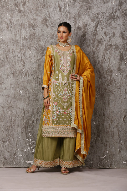 Green & Mustard Heavy Pakistani Designer Suit Set #1584