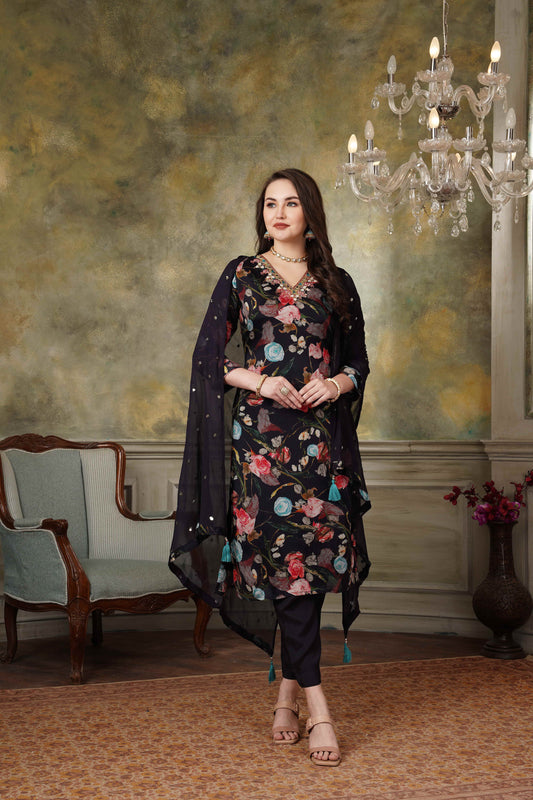 Black Floral Pure Chinnon Suit Set #1341