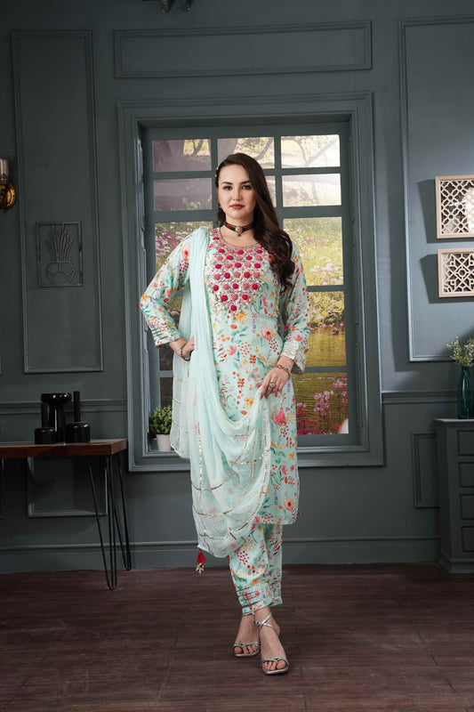Aqua Blue Pure Muslin Shell Suit Set #1303