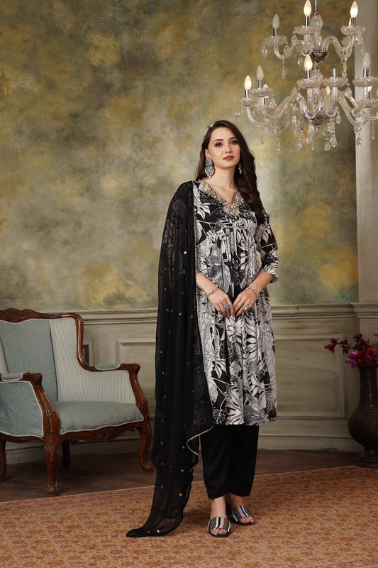 Black pure chinnon Aliya cut suit set #1377