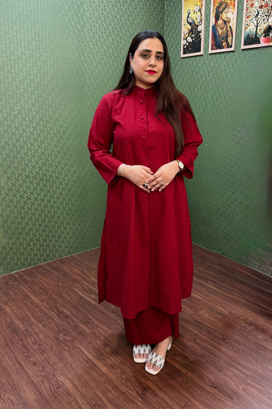 Maroon Premium Cotton A-Line Co-Ord Set with Pockets #1816