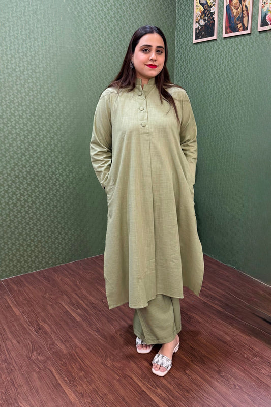 Sage Green Premium Cotton A-Line Co-Ord Set with Side Pockets #1817