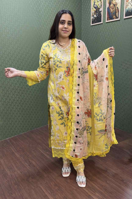 Sunshine Yellow Floral Pakistani Lawn Cotton Suit #1830