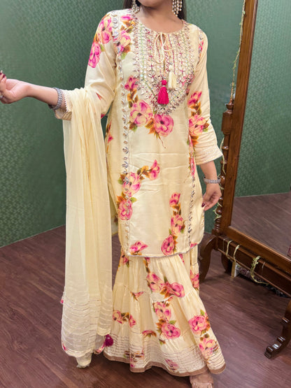 Yellow Muslin Sharara Set with Gotta & Mirror Work #1772